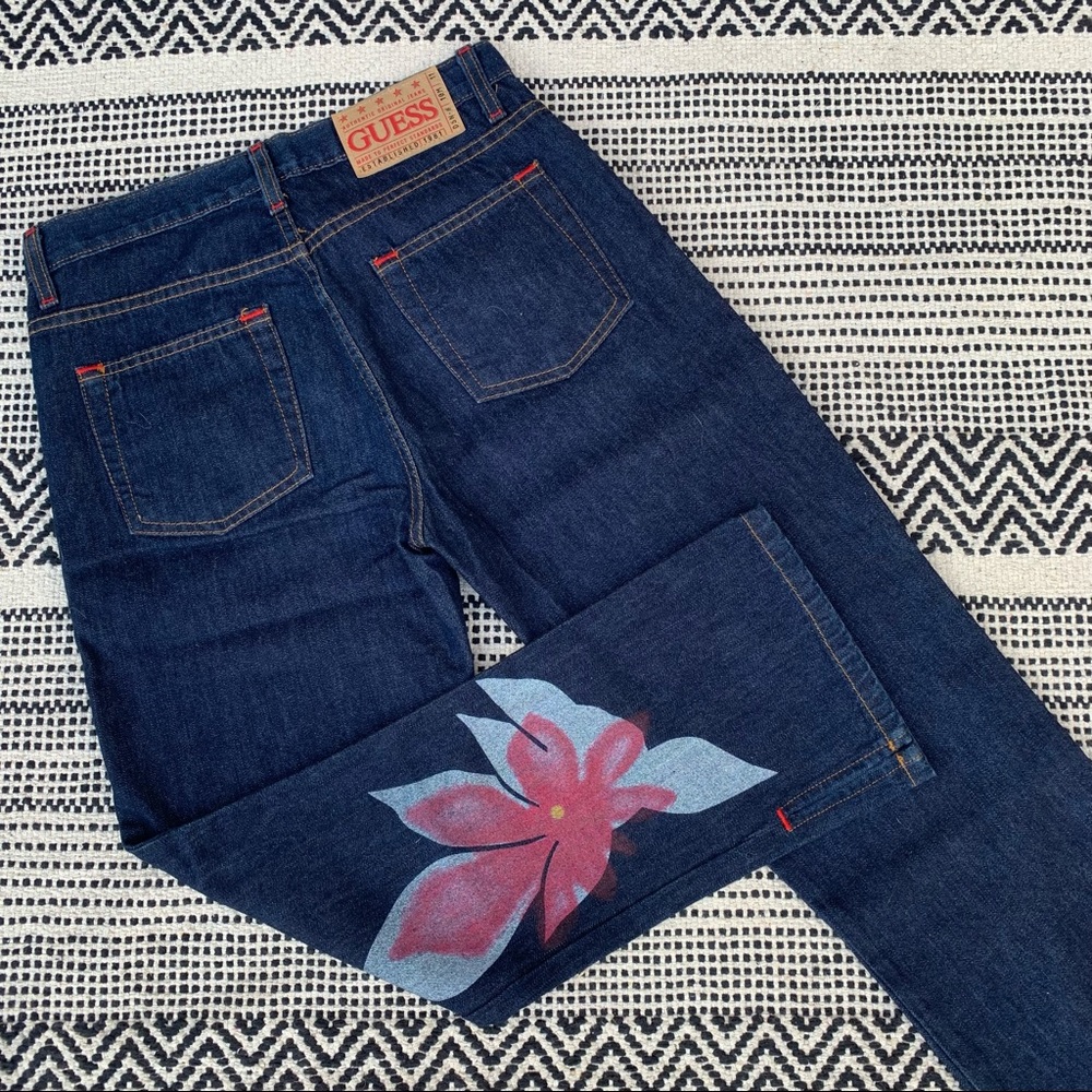 Guess Women's Straight Leg Jeans with Pink Floral Accent - Dark Blue Denim